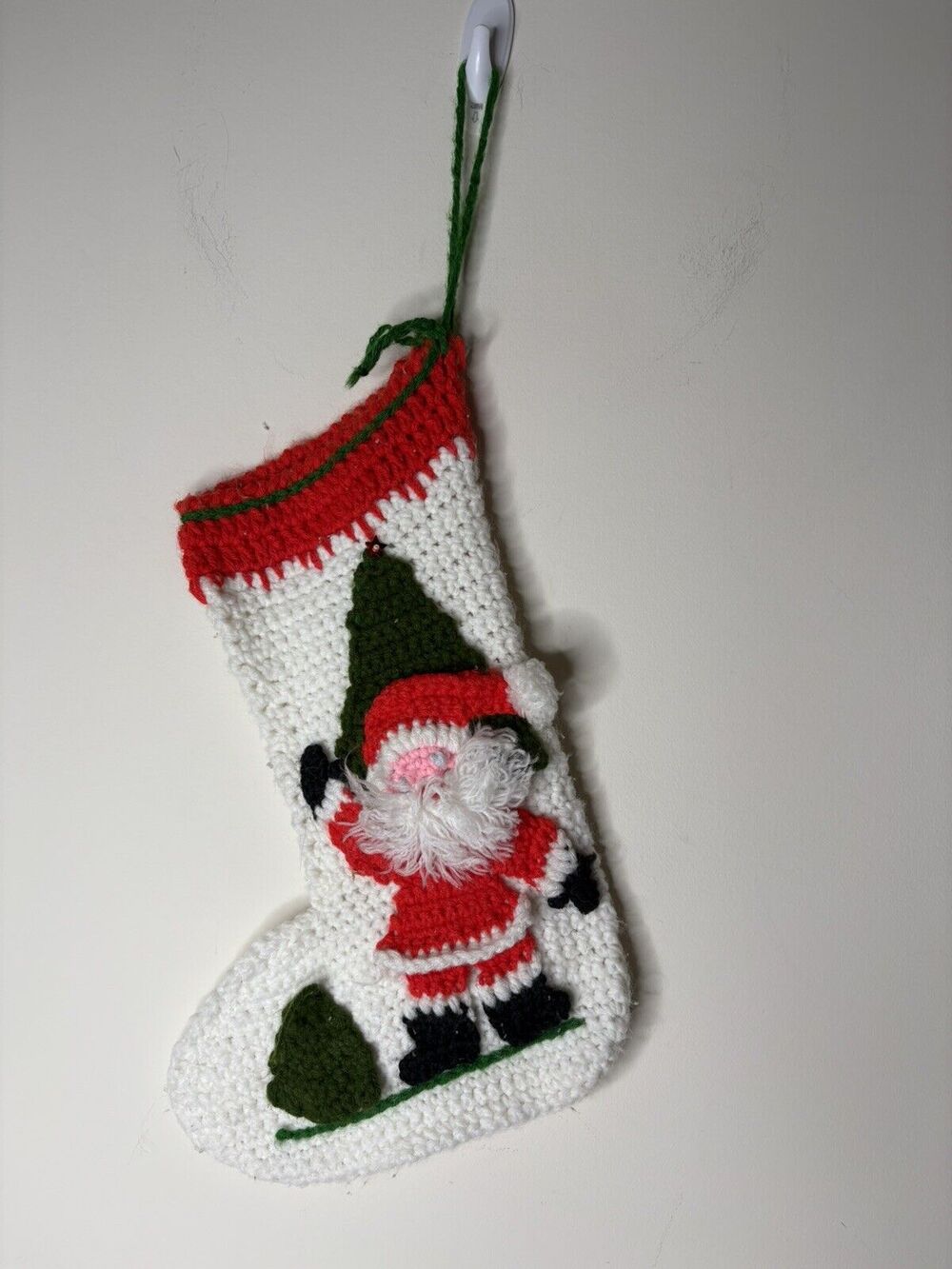 Vintage Hand Crocheted Santa Claus Christmas Stocking White 16" Tree Green Red